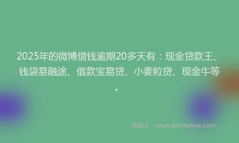 2025年的微博借钱逾期20多天有：现金贷款王、钱袋易融途、借款宝易贷、小麦粒贷、现金牛等。