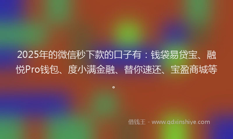 2025年的微信秒下款的口子有：钱袋易贷宝、融悦Pro钱包、度小满金融、替你速还、宝盈商城等。
