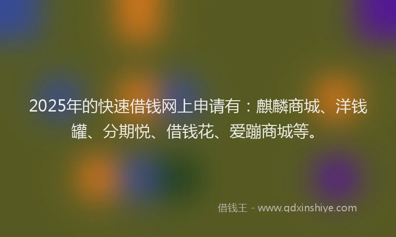 2025年的快速借钱网上申请有：麒麟商城、洋钱罐、分期悦、借钱花、爱蹦商城等。