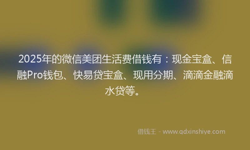 2025年的微信美团生活费借钱有：现金宝盒、信融Pro钱包、快易贷宝盒、现用分期、滴滴金融滴水贷等。