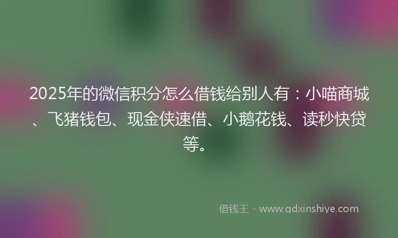 2025年的微信积分怎么借钱给别人有：小喵商城、飞猪钱包、现金侠速借、小鹅花钱、读秒快贷等。
