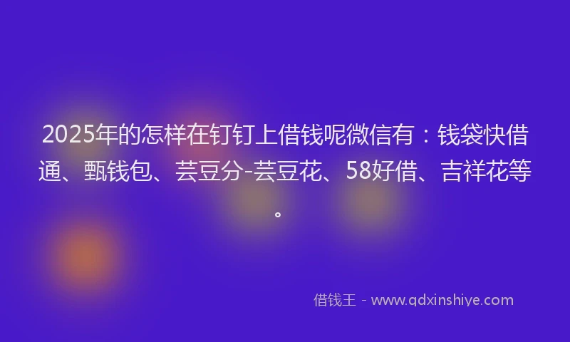 2025年的怎样在钉钉上借钱呢微信有：钱袋快借通、甄钱包、芸豆分-芸豆花、58好借、吉祥花等。