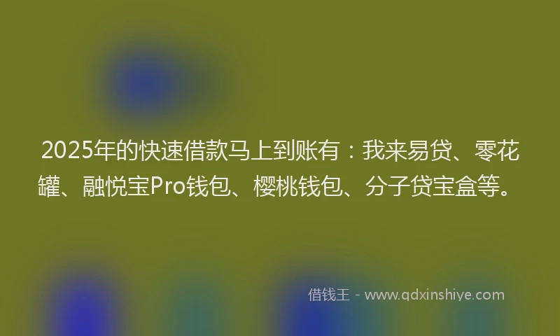 2025年的快速借款马上到账有：我来易贷、零花罐、融悦宝Pro钱包、樱桃钱包、分子贷宝盒等。