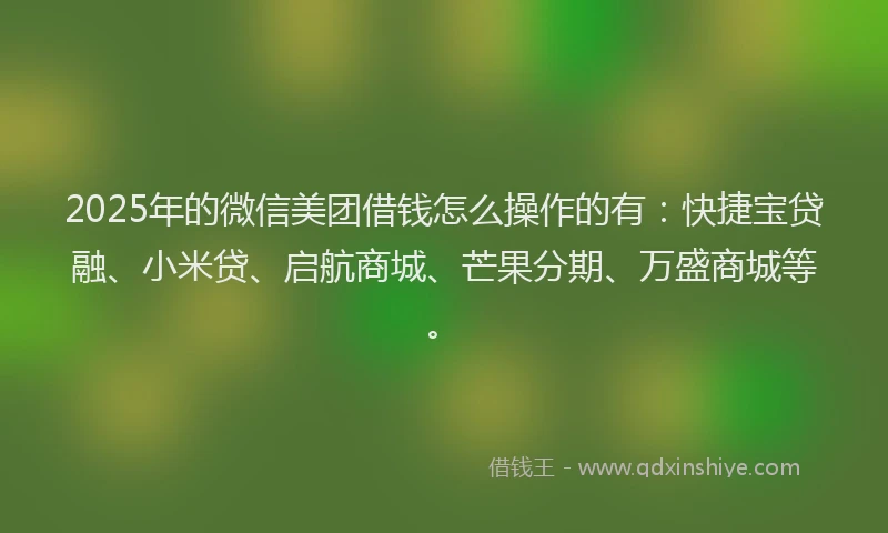 2025年的微信美团借钱怎么操作的有：快捷宝贷融、小米贷、启航商城、芒果分期、万盛商城等。
