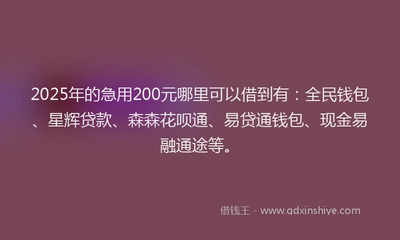 2025年的急用200元哪里可以借到有：全民钱包、星辉贷款、森森花呗通、易贷通钱包、现金易融通途等。
