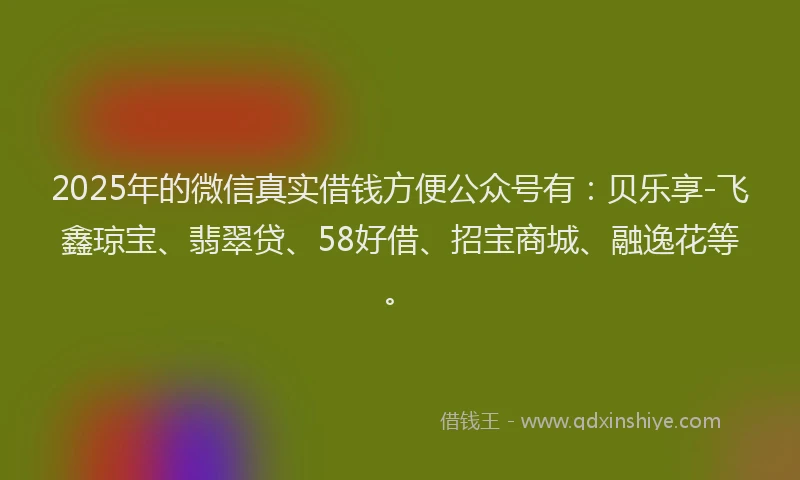 2025年的微信真实借钱方便公众号有：贝乐享-飞鑫琼宝、翡翠贷、58好借、招宝商城、融逸花等。