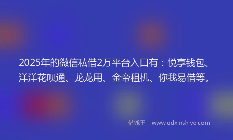 2025年的微信私借2万平台入口有：悦享钱包、洋洋花呗通、龙龙用、金帝租机、你我易借等。