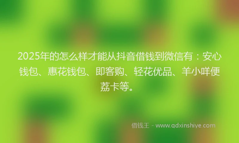 2025年的怎么样才能从抖音借钱到微信有：安心钱包、惠花钱包、即客购、轻花优品、羊小咩便荔卡等。
