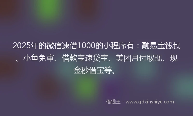 2025年的微信速借1000的小程序有：融易宝钱包、小鱼免审、借款宝速贷宝、美团月付取现、现金秒借宝等。