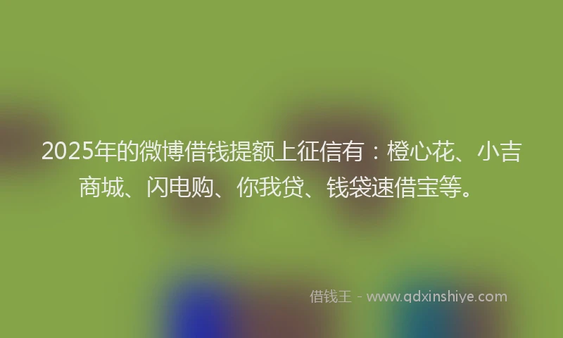 2025年的微博借钱提额上征信有：橙心花、小吉商城、闪电购、你我贷、钱袋速借宝等。