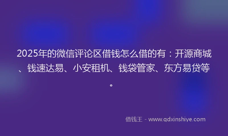 2025年的微信评论区借钱怎么借的有：开源商城、钱速达易、小安租机、钱袋管家、东方易贷等。