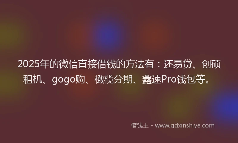 2025年的微信直接借钱的方法有：还易贷、创硕租机、gogo购、橄榄分期、鑫速Pro钱包等。