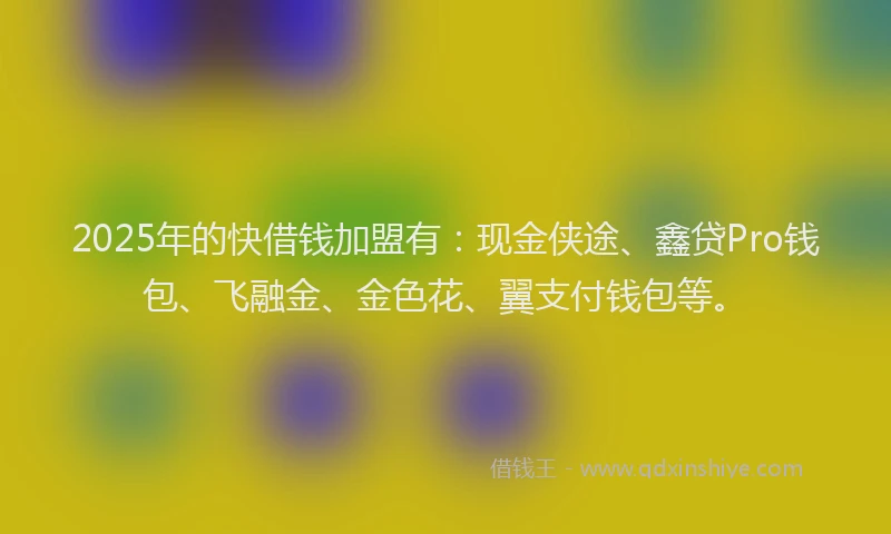 2025年的快借钱加盟有：现金侠途、鑫贷Pro钱包、飞融金、金色花、翼支付钱包等。