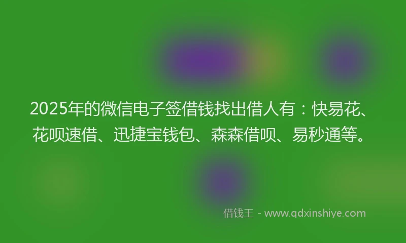 2025年的微信电子签借钱找出借人有：快易花、花呗速借、迅捷宝钱包、森森借呗、易秒通等。