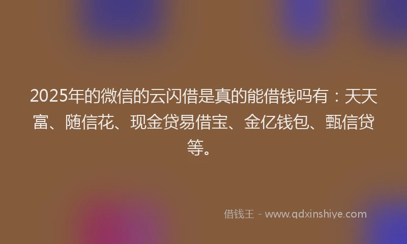 2025年的微信的云闪借是真的能借钱吗有：天天富、随信花、现金贷易借宝、金亿钱包、甄信贷等。