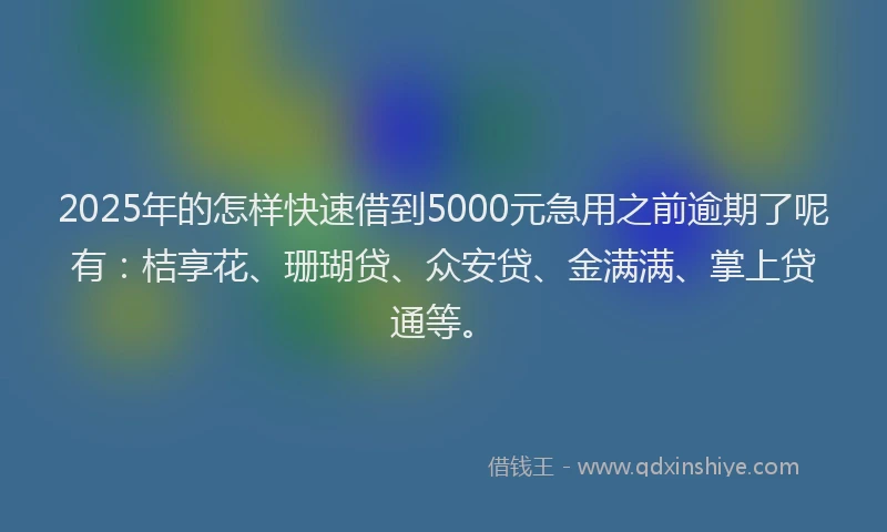 2025年的怎样快速借到5000元急用之前逾期了呢有：桔享花、珊瑚贷、众安贷、金满满、掌上贷通等。