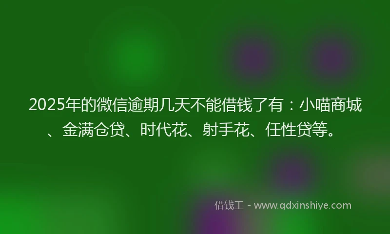 2025年的微信逾期几天不能借钱了有：小喵商城、金满仓贷、时代花、射手花、任性贷等。