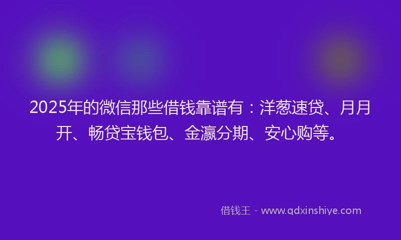 2025年的微信那些借钱靠谱有：洋葱速贷、月月开、畅贷宝钱包、金瀛分期、安心购等。