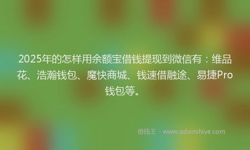 2025年的怎样用余额宝借钱提现到微信有：维品花、浩瀚钱包、魔快商城、钱速借融途、易捷Pro钱包等。
