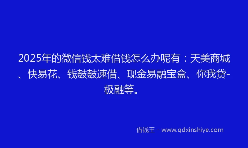 2025年的微信钱太难借钱怎么办呢有：天美商城、快易花、钱鼓鼓速借、现金易融宝盒、你我贷-极融等。