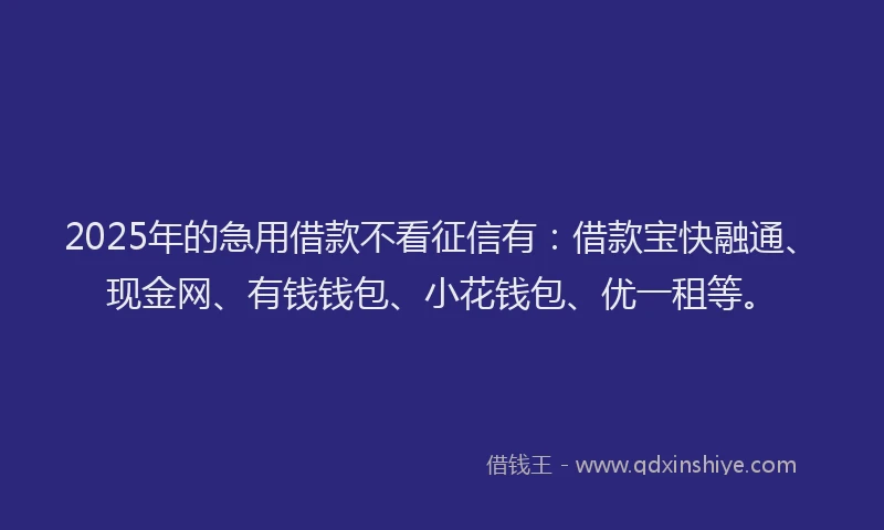 2025年的急用借款不看征信有：借款宝快融通、现金网、有钱钱包、小花钱包、优一租等。