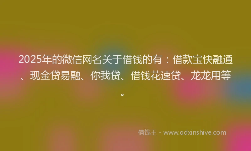 2025年的微信网名关于借钱的有：借款宝快融通、现金贷易融、你我贷、借钱花速贷、龙龙用等。