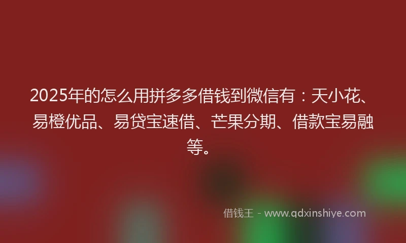 2025年的怎么用拼多多借钱到微信有：天小花、易橙优品、易贷宝速借、芒果分期、借款宝易融等。