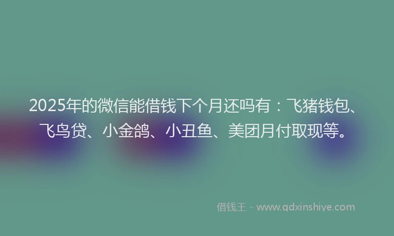 2025年的微信能借钱下个月还吗有：飞猪钱包、飞鸟贷、小金鸽、小丑鱼、美团月付取现等。