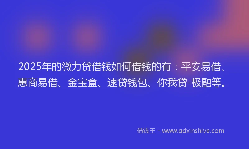 2025年的微力贷借钱如何借钱的有：平安易借、惠商易借、金宝盒、速贷钱包、你我贷-极融等。