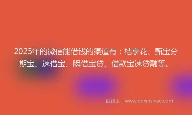 2025年的微信能借钱的渠道有：桔享花、甄宝分期宝、速借宝、瞬借宝贷、借款宝速贷融等。