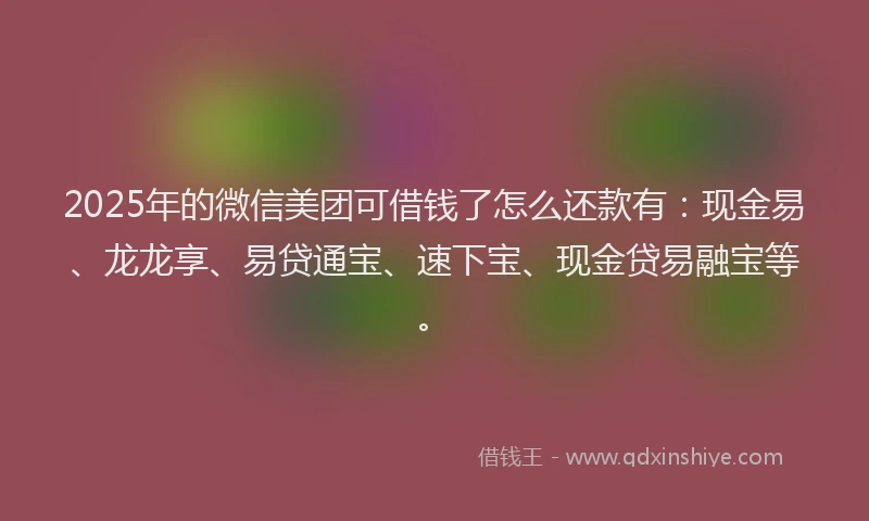 2025年的微信美团可借钱了怎么还款有：现金易、龙龙享、易贷通宝、速下宝、现金贷易融宝等。