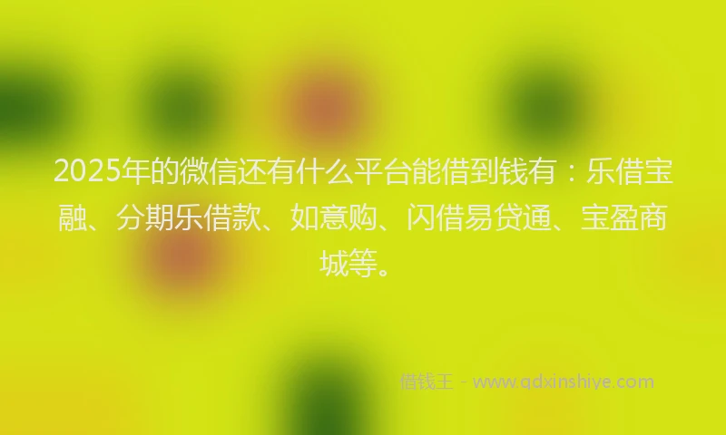 2025年的微信还有什么平台能借到钱有：乐借宝融、分期乐借款、如意购、闪借易贷通、宝盈商城等。