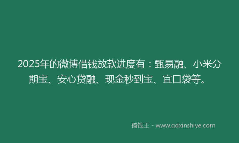 2025年的微博借钱放款进度有：甄易融、小米分期宝、安心贷融、现金秒到宝、宜口袋等。