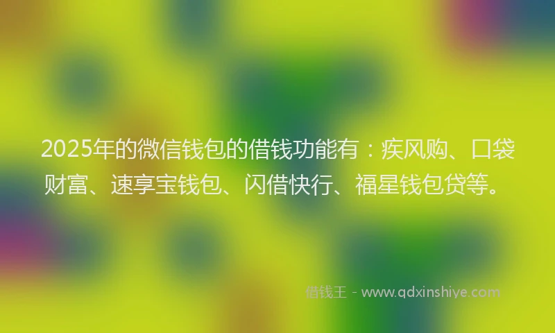 2025年的微信钱包的借钱功能有：疾风购、口袋财富、速享宝钱包、闪借快行、福星钱包贷等。