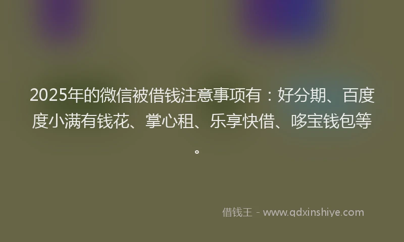 2025年的微信被借钱注意事项有：好分期、百度度小满有钱花、掌心租、乐享快借、哆宝钱包等。