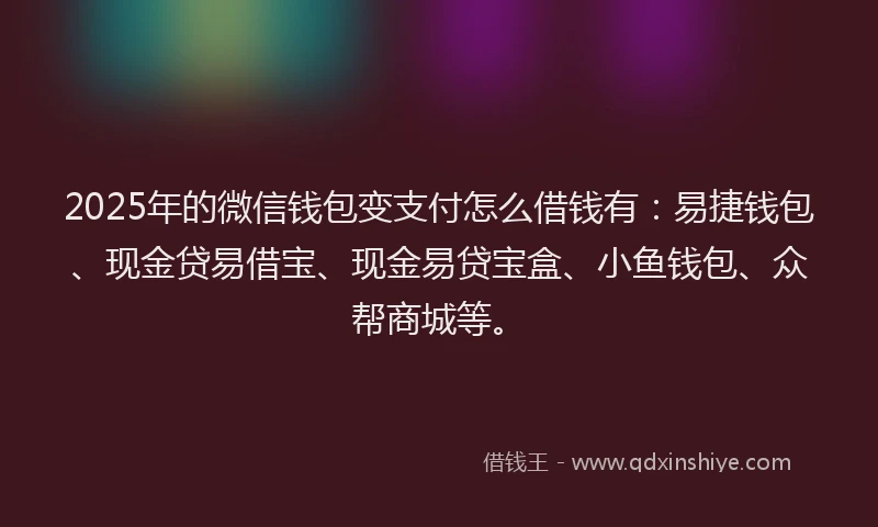 2025年的微信钱包变支付怎么借钱有：易捷钱包、现金贷易借宝、现金易贷宝盒、小鱼钱包、众帮商城等。