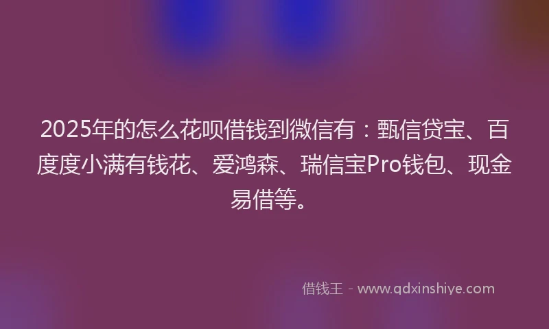 2025年的怎么花呗借钱到微信有：甄信贷宝、百度度小满有钱花、爱鸿森、瑞信宝Pro钱包、现金易借等。