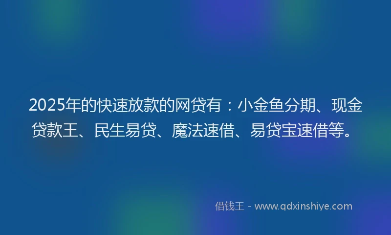2025年的快速放款的网贷有：小金鱼分期、现金贷款王、民生易贷、魔法速借、易贷宝速借等。