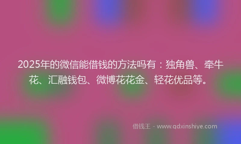 2025年的微信能借钱的方法吗有：独角兽、牵牛花、汇融钱包、微博花花金、轻花优品等。