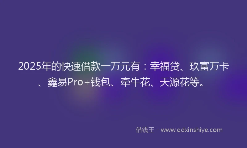 2025年的快速借款一万元有：幸福贷、玖富万卡、鑫易Pro+钱包、牵牛花、天源花等。