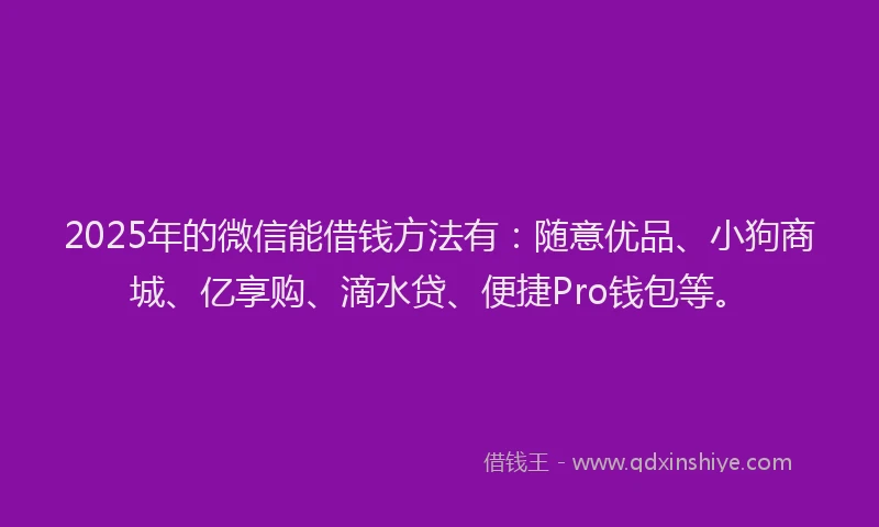 2025年的微信能借钱方法有：随意优品、小狗商城、亿享购、滴水贷、便捷Pro钱包等。