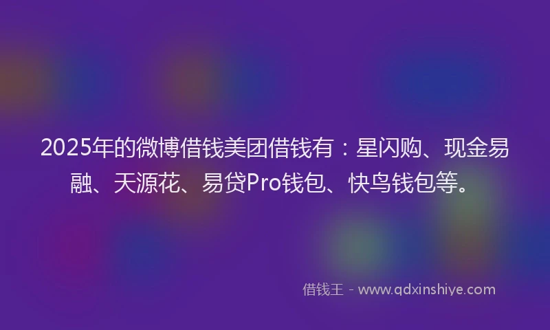 2025年的微博借钱美团借钱有：星闪购、现金易融、天源花、易贷Pro钱包、快鸟钱包等。