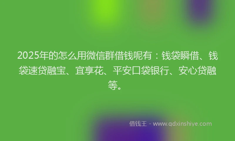 2025年的怎么用微信群借钱呢有：钱袋瞬借、钱袋速贷融宝、宜享花、平安口袋银行、安心贷融等。