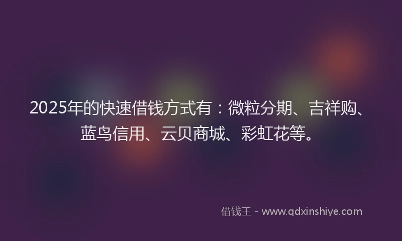 2025年的快速借钱方式有：微粒分期、吉祥购、蓝鸟信用、云贝商城、彩虹花等。