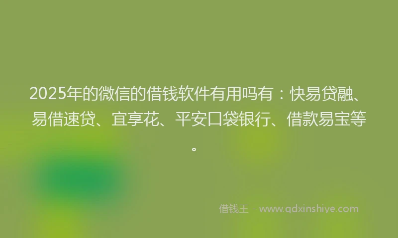 2025年的微信的借钱软件有用吗有：快易贷融、易借速贷、宜享花、平安口袋银行、借款易宝等。