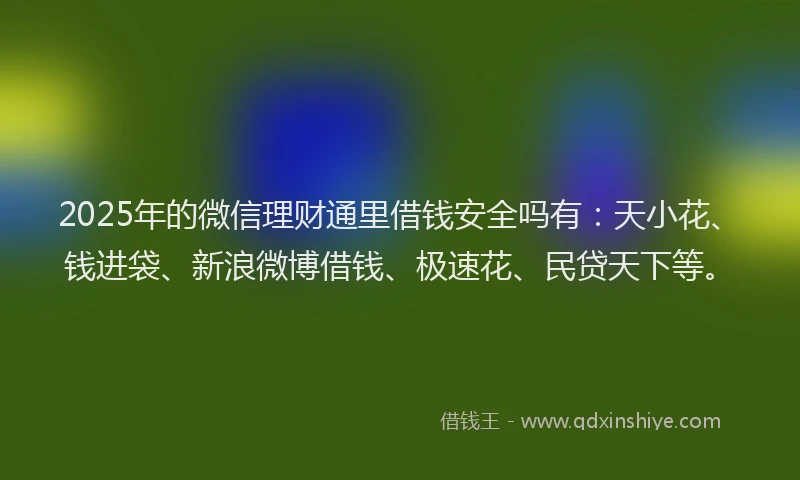 2025年的微信理财通里借钱安全吗有：天小花、钱进袋、新浪微博借钱、极速花、民贷天下等。