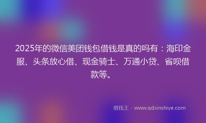 2025年的微信美团钱包借钱是真的吗有：海印金服、头条放心借、现金骑士、万通小贷、省呗借款等。