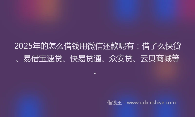 2025年的怎么借钱用微信还款呢有：借了么快贷、易借宝速贷、快易贷通、众安贷、云贝商城等。
