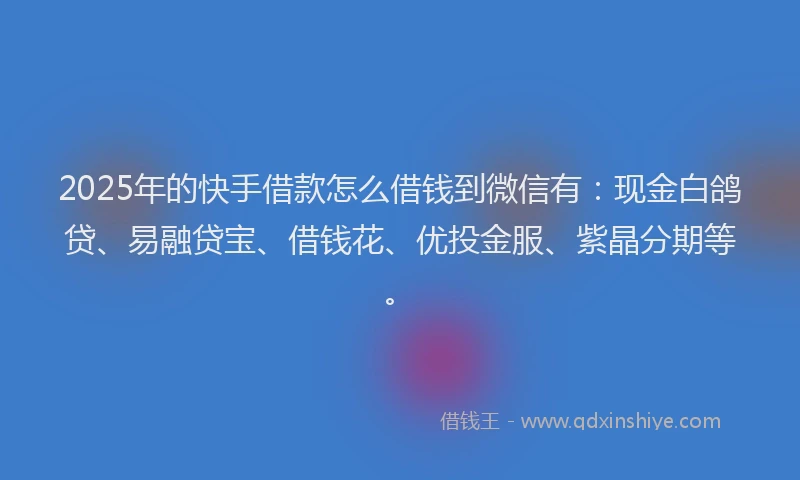 2025年的快手借款怎么借钱到微信有：现金白鸽贷、易融贷宝、借钱花、优投金服、紫晶分期等。