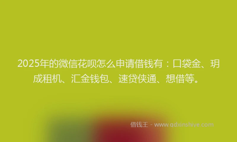 2025年的微信花呗怎么申请借钱有：口袋金、玥成租机、汇金钱包、速贷侠通、想借等。